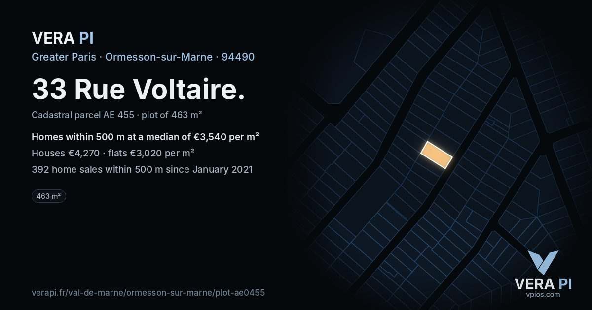 33 Rue Voltaire, Ormesson-sur-Marne at night – the plot lit, the parcels around coloured by the prices near them
