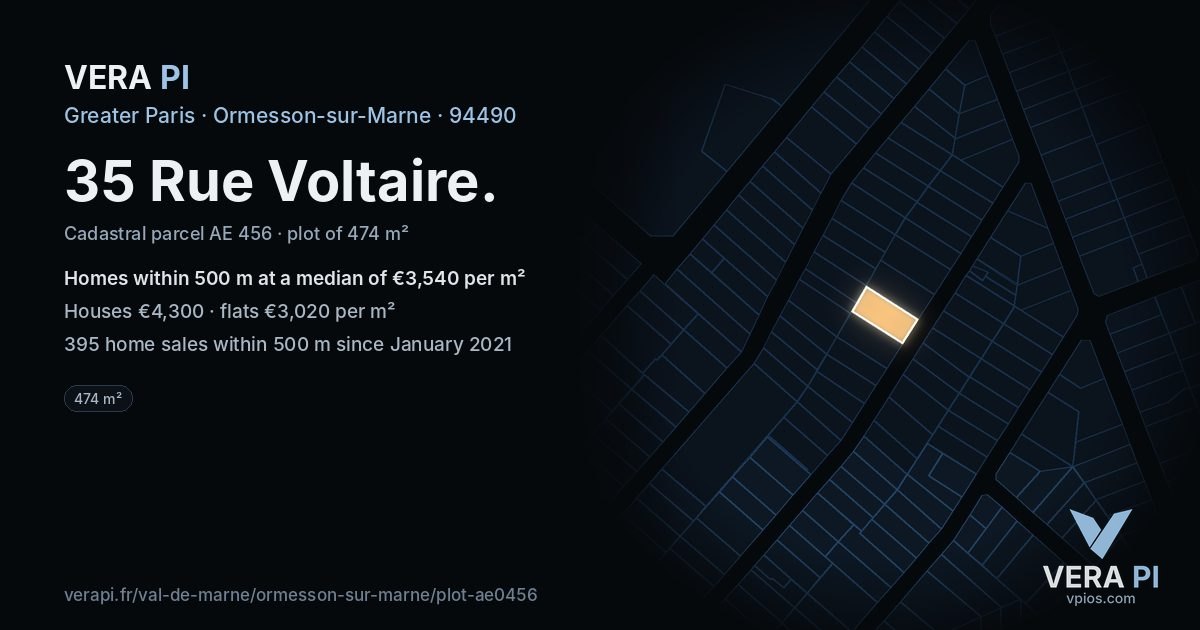35 Rue Voltaire, Ormesson-sur-Marne at night – the plot lit, the parcels around coloured by the prices near them