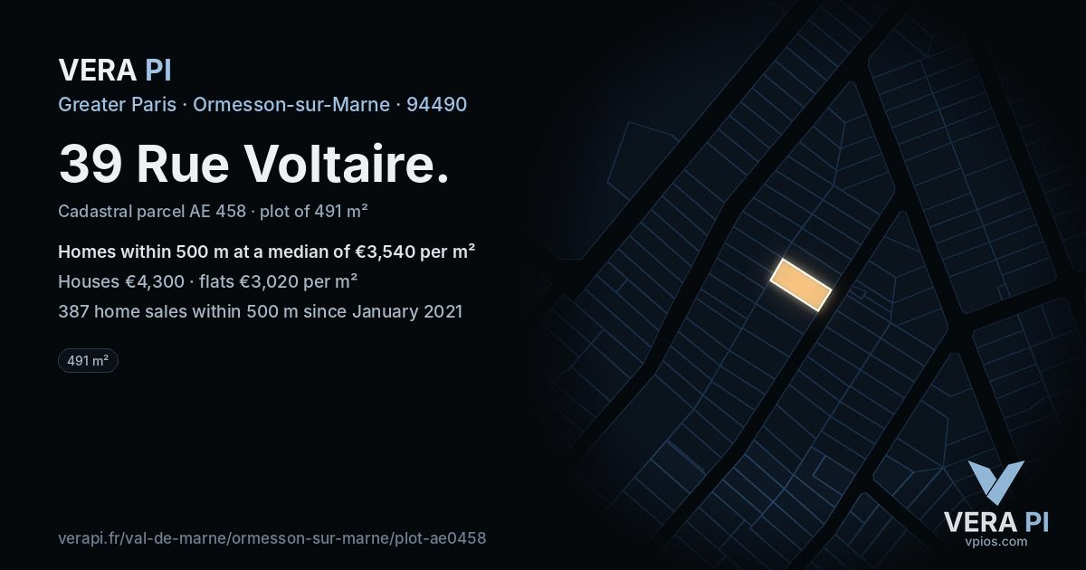 39 Rue Voltaire, Ormesson-sur-Marne at night – the plot lit, the parcels around coloured by the prices near them