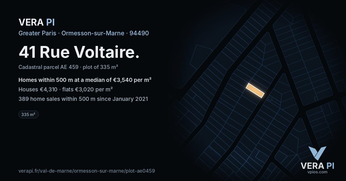 41 Rue Voltaire, Ormesson-sur-Marne at night – the plot lit, the parcels around coloured by the prices near them