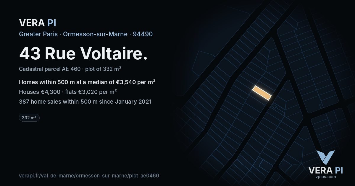 43 Rue Voltaire, Ormesson-sur-Marne at night – the plot lit, the parcels around coloured by the prices near them