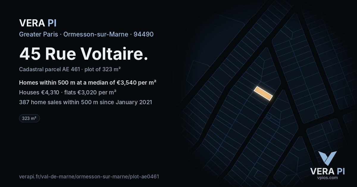 45 Rue Voltaire, Ormesson-sur-Marne at night – the plot lit, the parcels around coloured by the prices near them