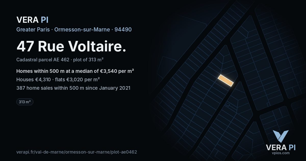 47 Rue Voltaire, Ormesson-sur-Marne at night – the plot lit, the parcels around coloured by the prices near them