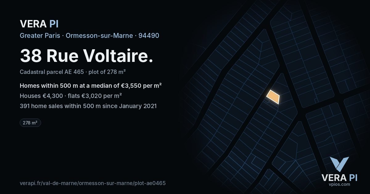 38 Rue Voltaire, Ormesson-sur-Marne at night – the plot lit, the parcels around coloured by the prices near them