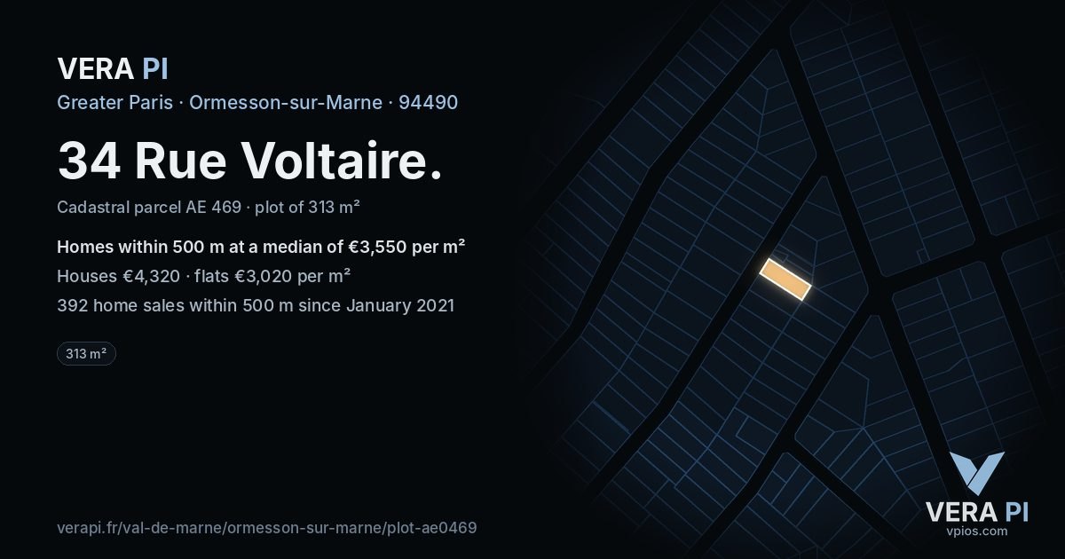 34 Rue Voltaire, Ormesson-sur-Marne at night – the plot lit, the parcels around coloured by the prices near them