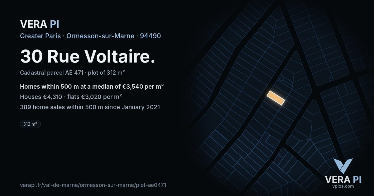 30 Rue Voltaire, Ormesson-sur-Marne at night – the plot lit, the parcels around coloured by the prices near them