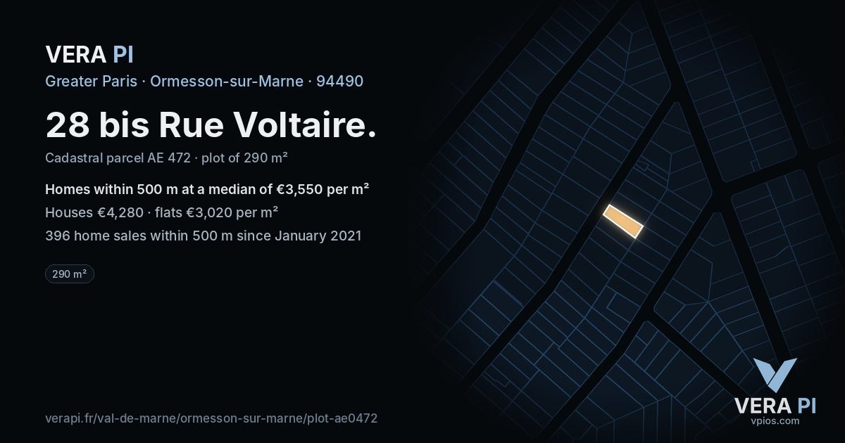 28 bis Rue Voltaire, Ormesson-sur-Marne at night – the plot lit, the parcels around coloured by the prices near them