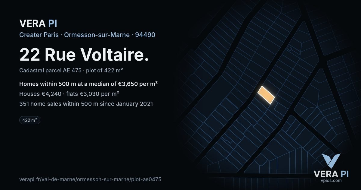22 Rue Voltaire, Ormesson-sur-Marne at night – the plot lit, the parcels around coloured by the prices near them