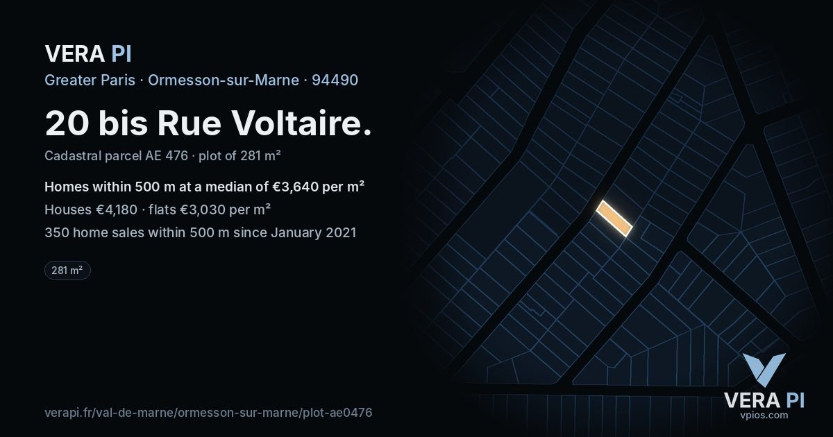 20 bis Rue Voltaire, Ormesson-sur-Marne at night – the plot lit, the parcels around coloured by the prices near them