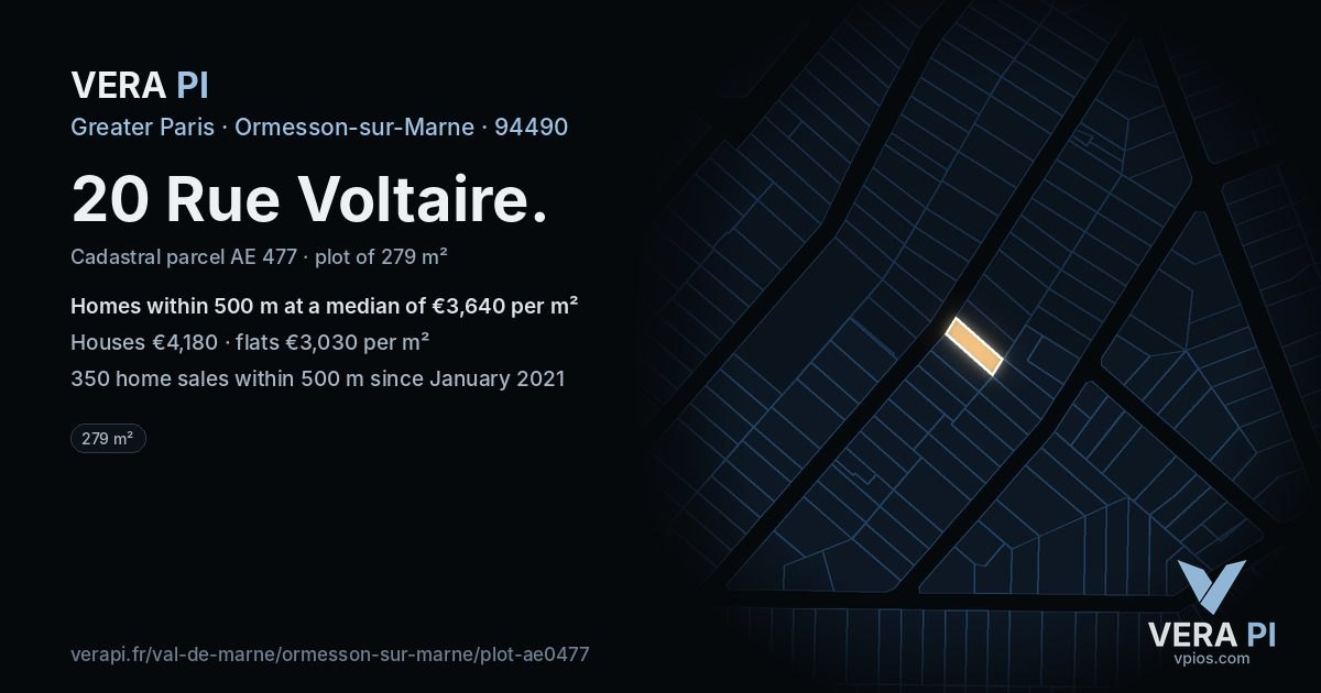 20 Rue Voltaire, Ormesson-sur-Marne at night – the plot lit, the parcels around coloured by the prices near them