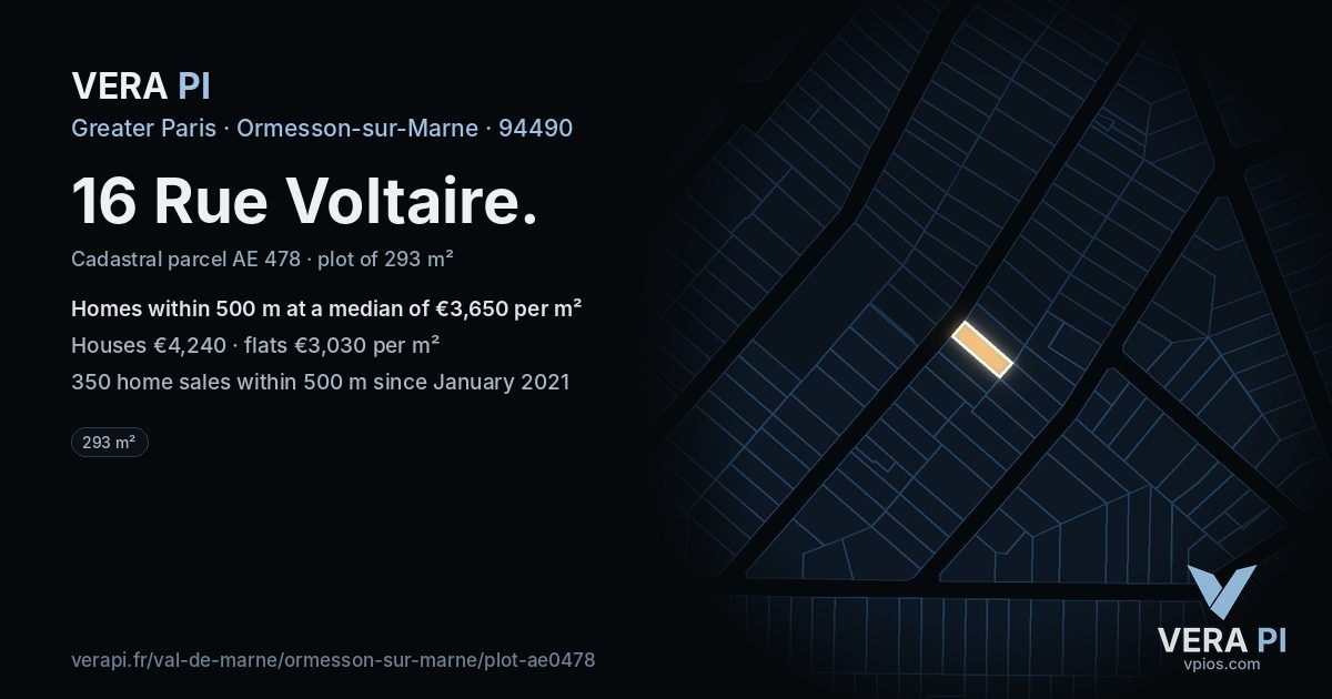 16 Rue Voltaire, Ormesson-sur-Marne at night – the plot lit, the parcels around coloured by the prices near them
