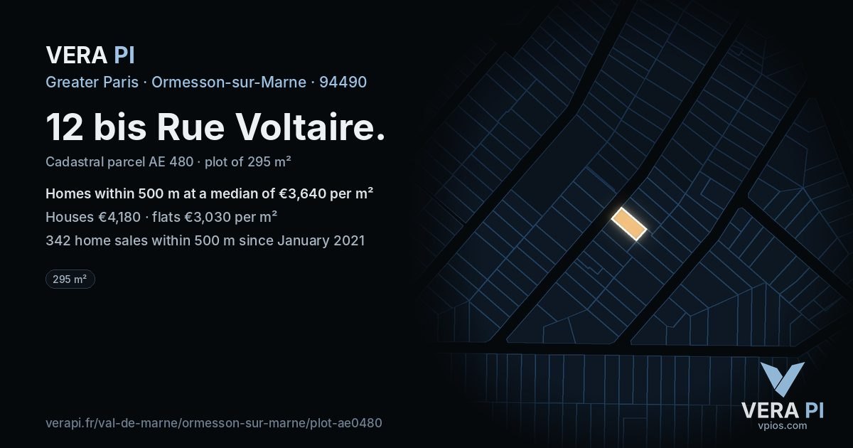 12 bis Rue Voltaire, Ormesson-sur-Marne at night – the plot lit, the parcels around coloured by the prices near them