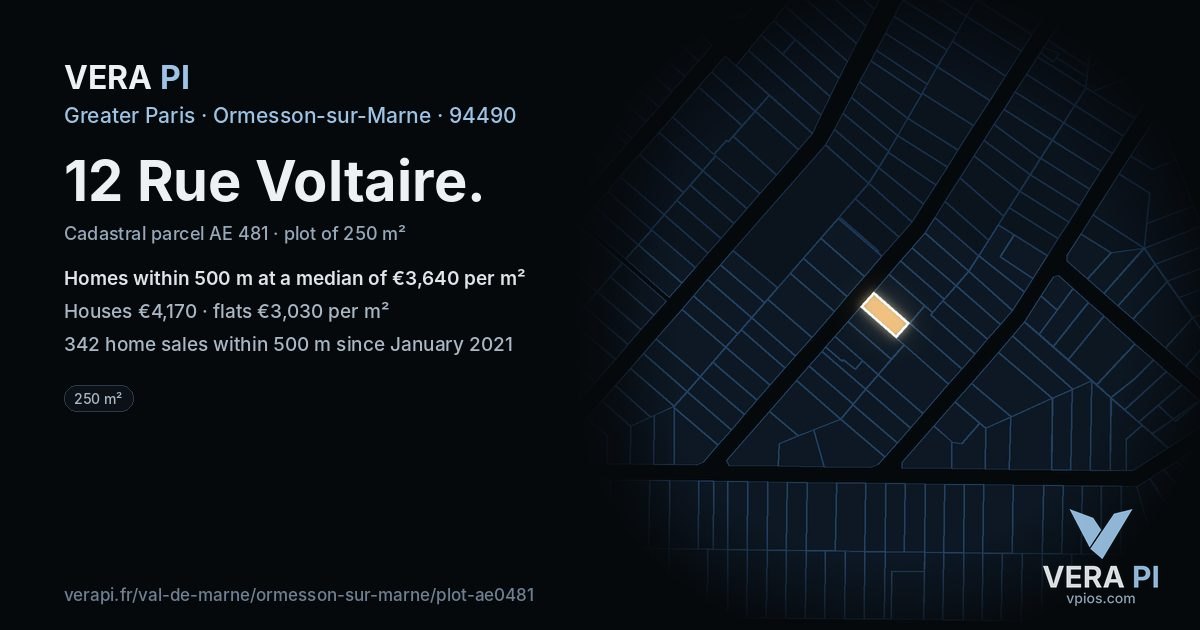 12 Rue Voltaire, Ormesson-sur-Marne at night – the plot lit, the parcels around coloured by the prices near them