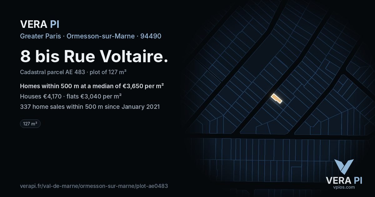 8 bis Rue Voltaire, Ormesson-sur-Marne at night – the plot lit, the parcels around coloured by the prices near them