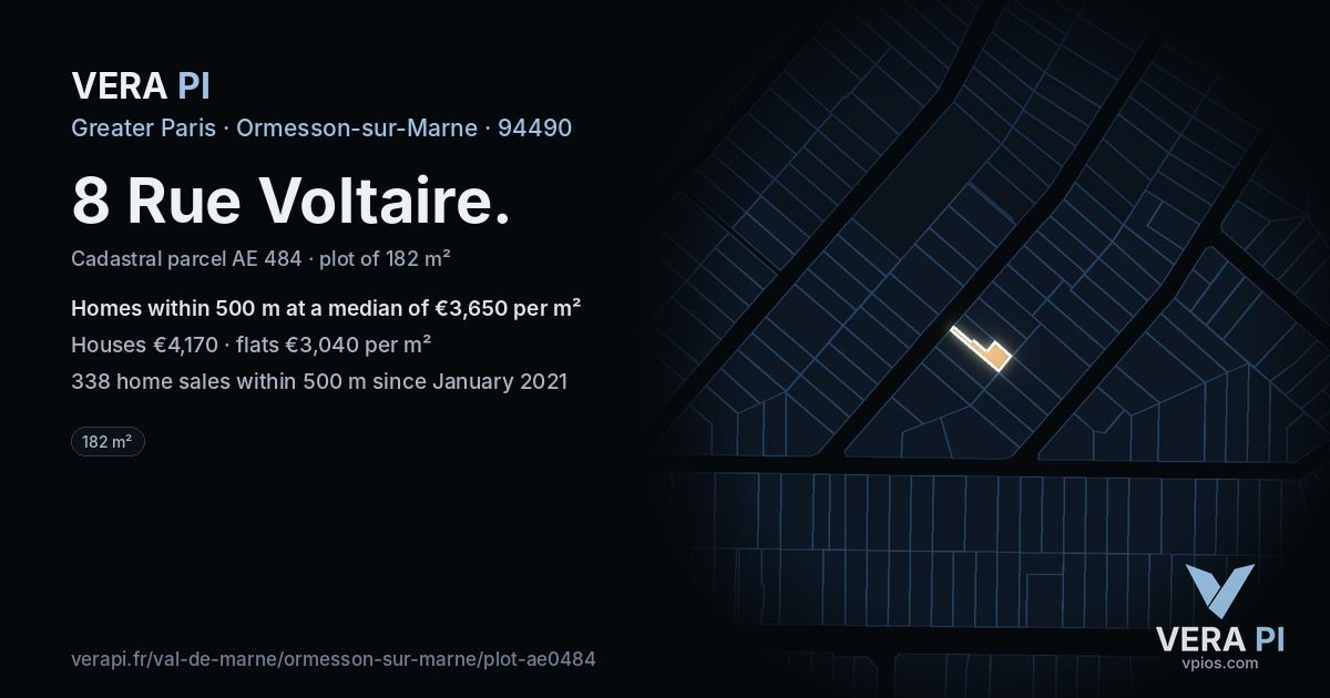 8 Rue Voltaire, Ormesson-sur-Marne at night – the plot lit, the parcels around coloured by the prices near them