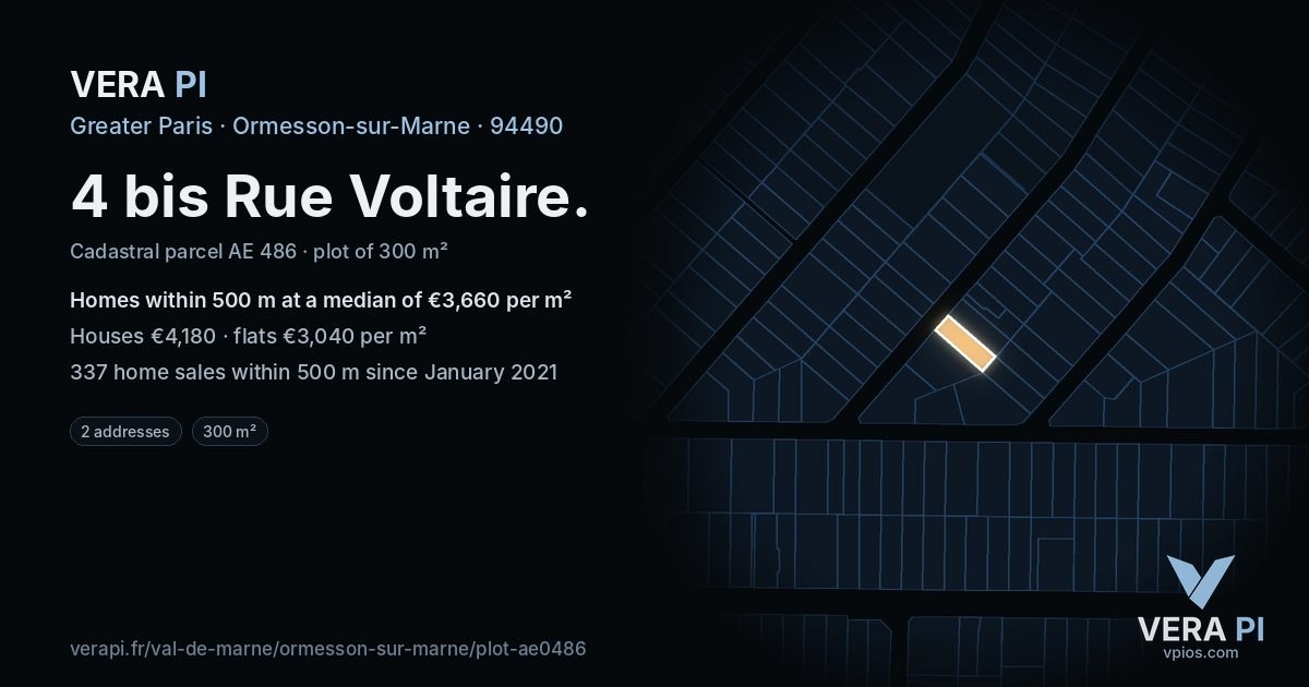 4 bis Rue Voltaire, Ormesson-sur-Marne at night – the plot lit, the parcels around coloured by the prices near them