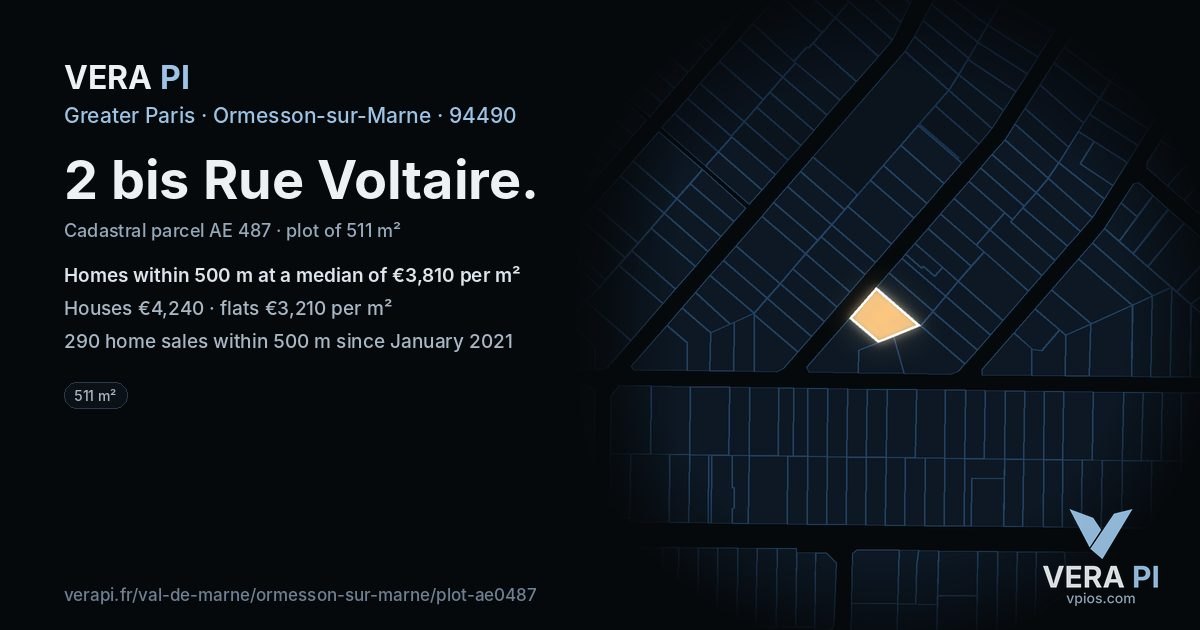 2 bis Rue Voltaire, Ormesson-sur-Marne at night – the plot lit, the parcels around coloured by the prices near them