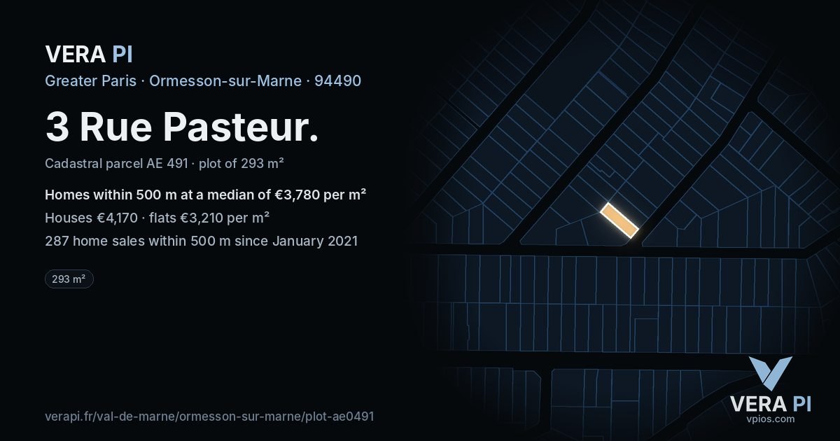 3 Rue Pasteur, Ormesson-sur-Marne at night – the plot lit, the parcels around coloured by the prices near them