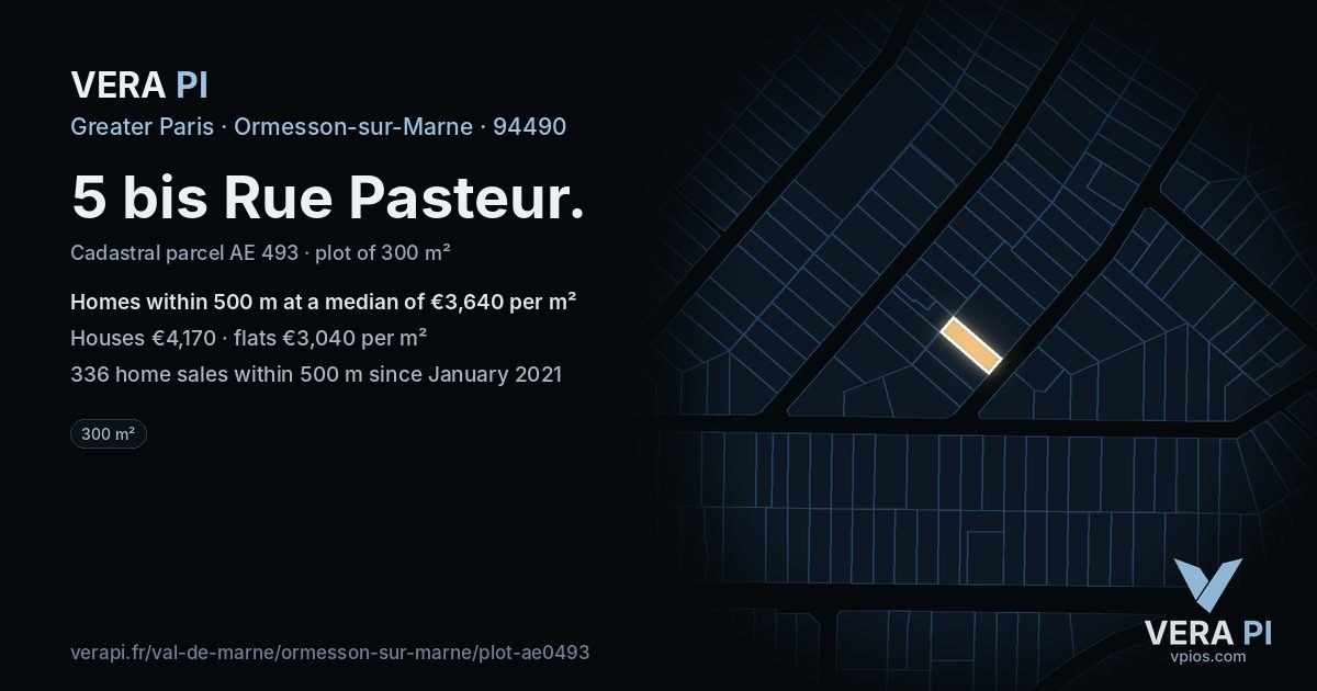 5 bis Rue Pasteur, Ormesson-sur-Marne at night – the plot lit, the parcels around coloured by the prices near them