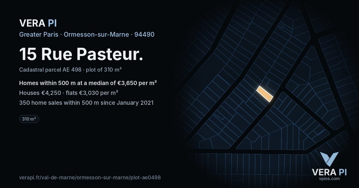 15 Rue Pasteur, Ormesson-sur-Marne at night – the plot lit, the parcels around coloured by the prices near them