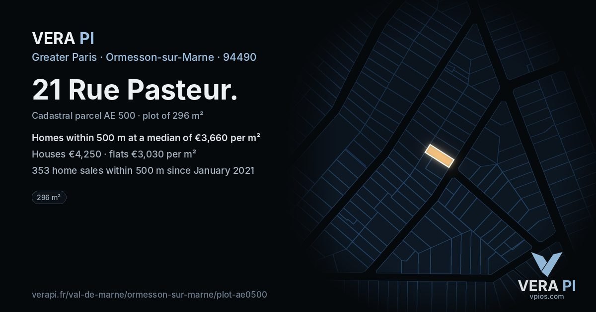 21 Rue Pasteur, Ormesson-sur-Marne at night – the plot lit, the parcels around coloured by the prices near them