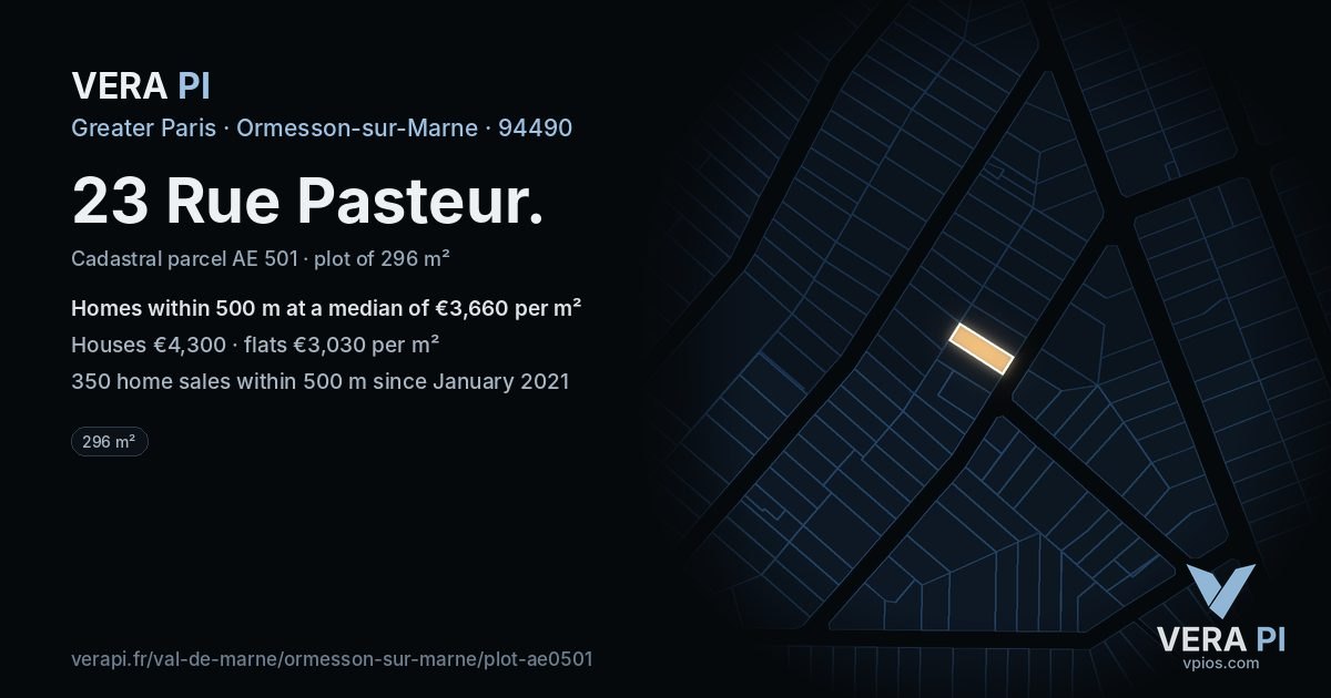23 Rue Pasteur, Ormesson-sur-Marne at night – the plot lit, the parcels around coloured by the prices near them