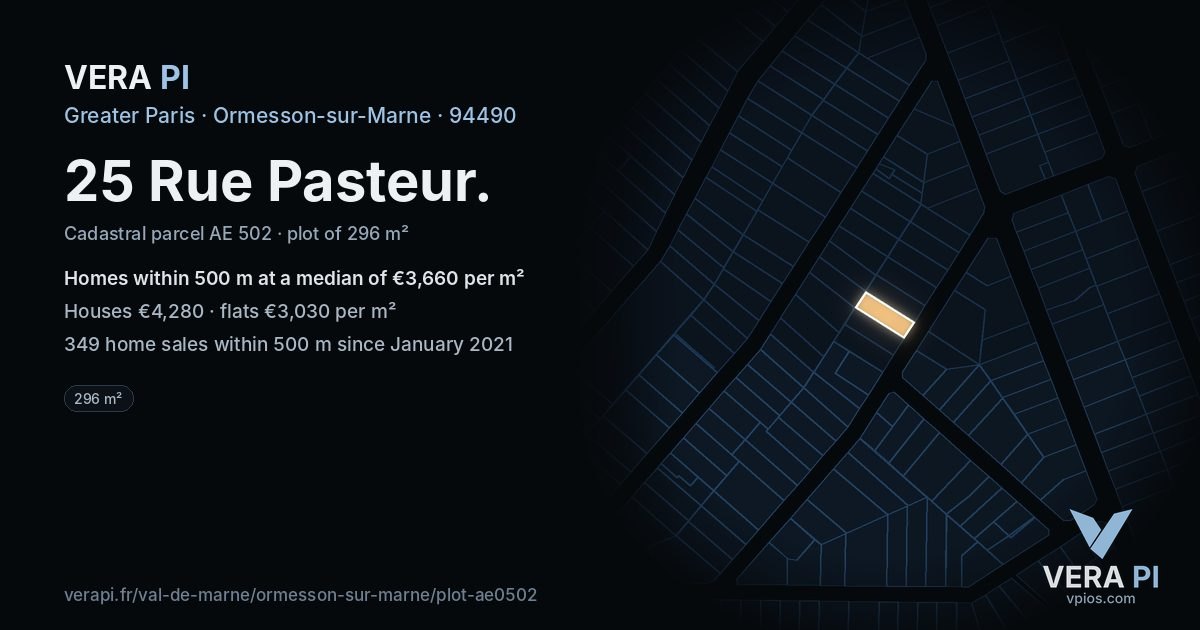 25 Rue Pasteur, Ormesson-sur-Marne at night – the plot lit, the parcels around coloured by the prices near them