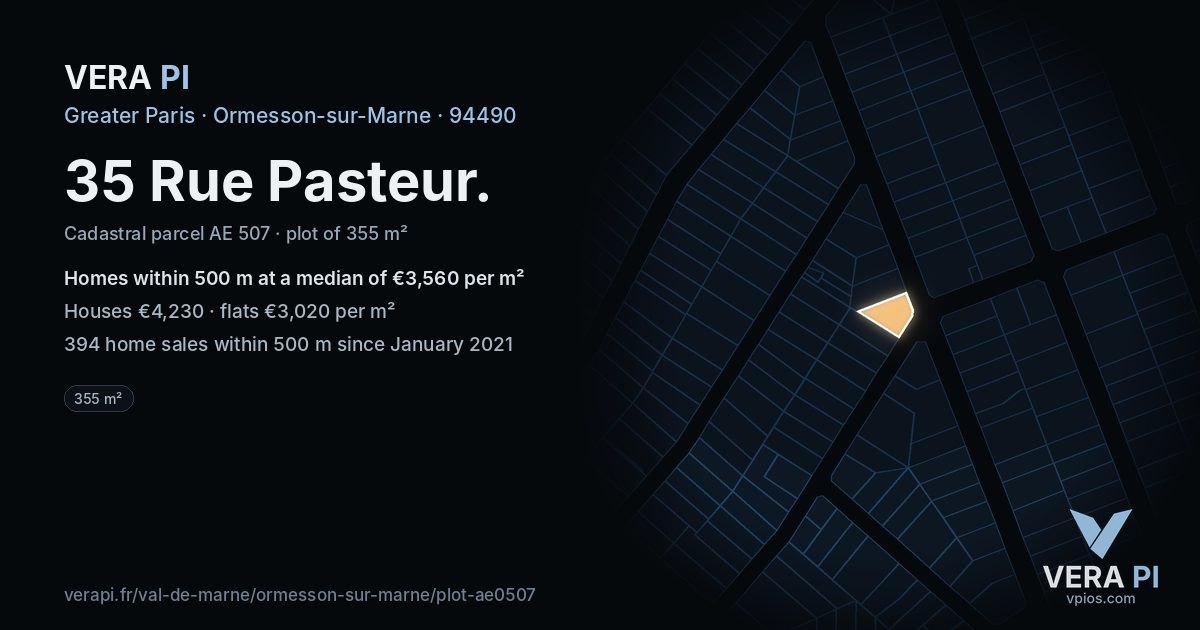 35 Rue Pasteur, Ormesson-sur-Marne at night – the plot lit, the parcels around coloured by the prices near them