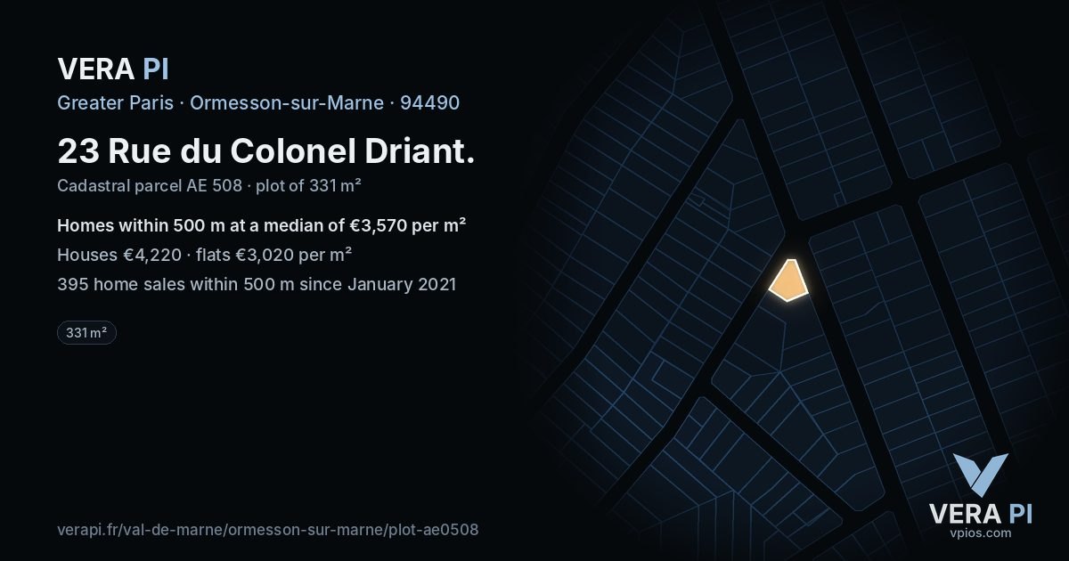 23 Rue du Colonel Driant, Ormesson-sur-Marne at night – the plot lit, the parcels around coloured by the prices near them