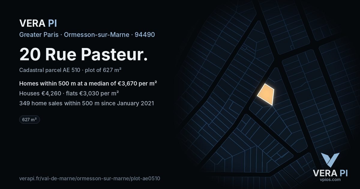 20 Rue Pasteur, Ormesson-sur-Marne at night – the plot lit, the parcels around coloured by the prices near them