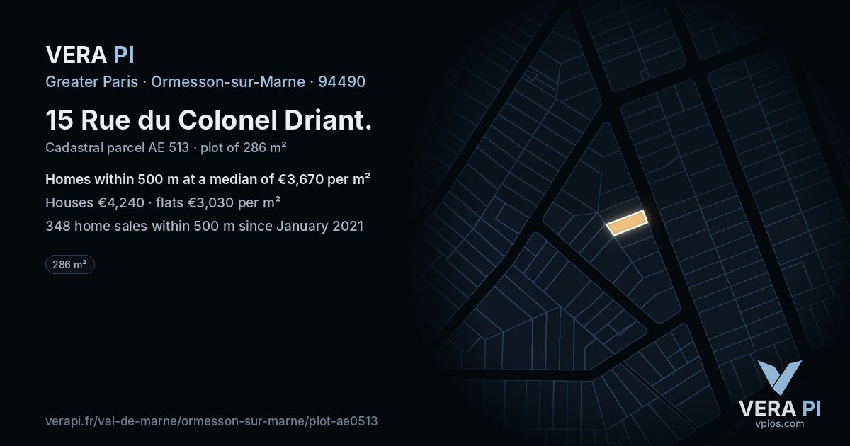 15 Rue du Colonel Driant, Ormesson-sur-Marne at night – the plot lit, the parcels around coloured by the prices near them