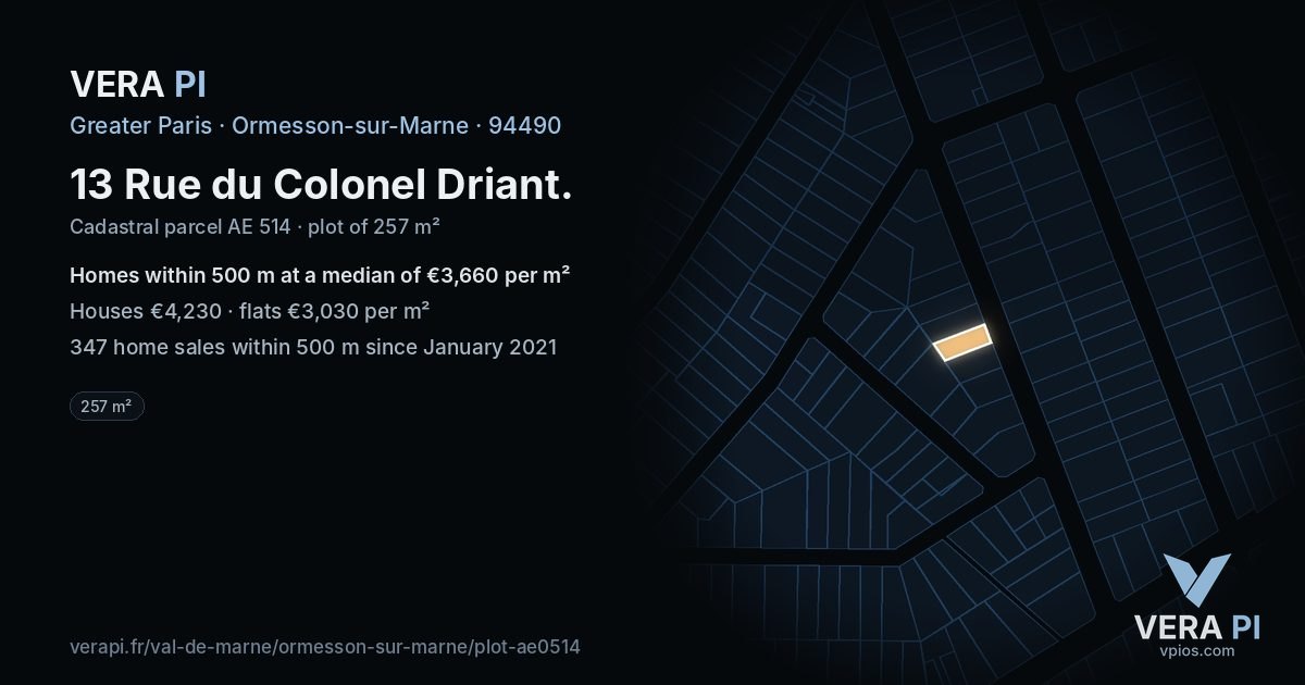 13 Rue du Colonel Driant, Ormesson-sur-Marne at night – the plot lit, the parcels around coloured by the prices near them