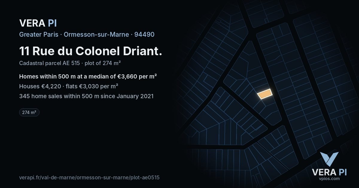 11 Rue du Colonel Driant, Ormesson-sur-Marne at night – the plot lit, the parcels around coloured by the prices near them