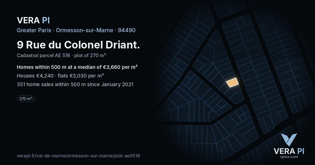 9 Rue du Colonel Driant, Ormesson-sur-Marne at night – the plot lit, the parcels around coloured by the prices near them