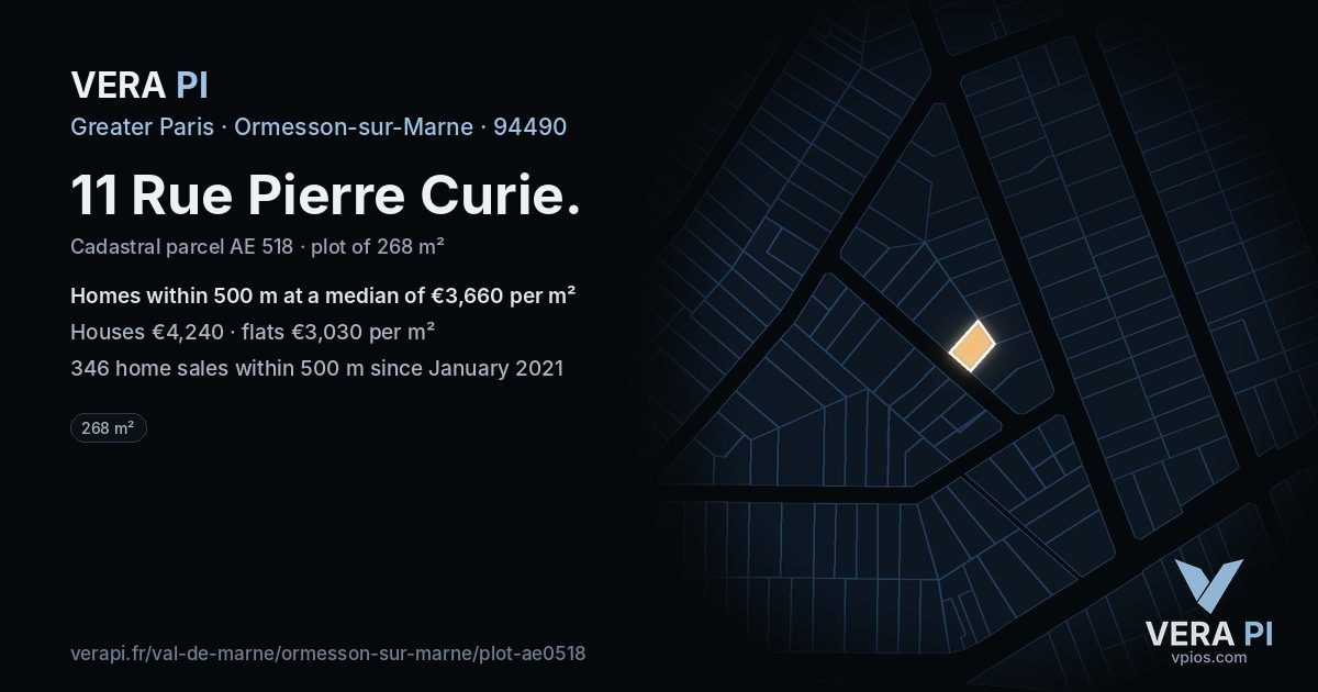 11 Rue Pierre Curie, Ormesson-sur-Marne at night – the plot lit, the parcels around coloured by the prices near them