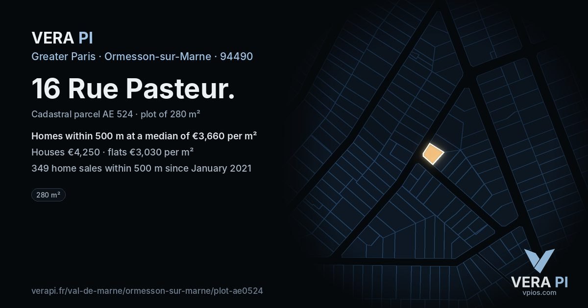 16 Rue Pasteur, Ormesson-sur-Marne at night – the plot lit, the parcels around coloured by the prices near them