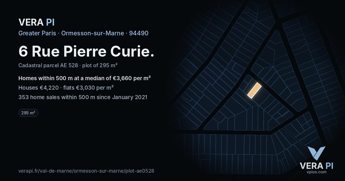 6 Rue Pierre Curie, Ormesson-sur-Marne at night – the plot lit, the parcels around coloured by the prices near them
