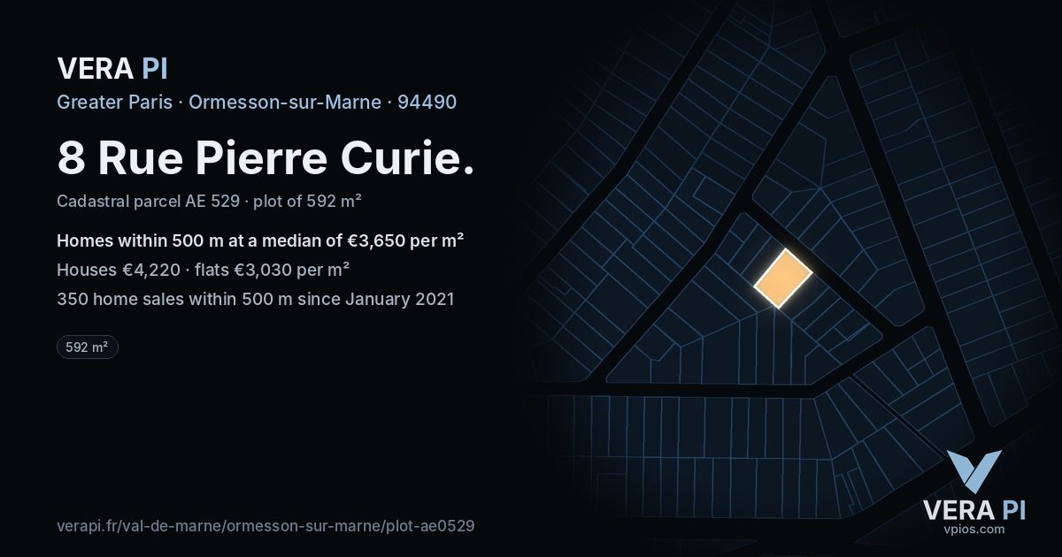 8 Rue Pierre Curie, Ormesson-sur-Marne at night – the plot lit, the parcels around coloured by the prices near them