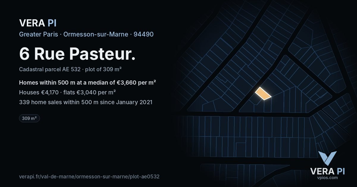 6 Rue Pasteur, Ormesson-sur-Marne at night – the plot lit, the parcels around coloured by the prices near them