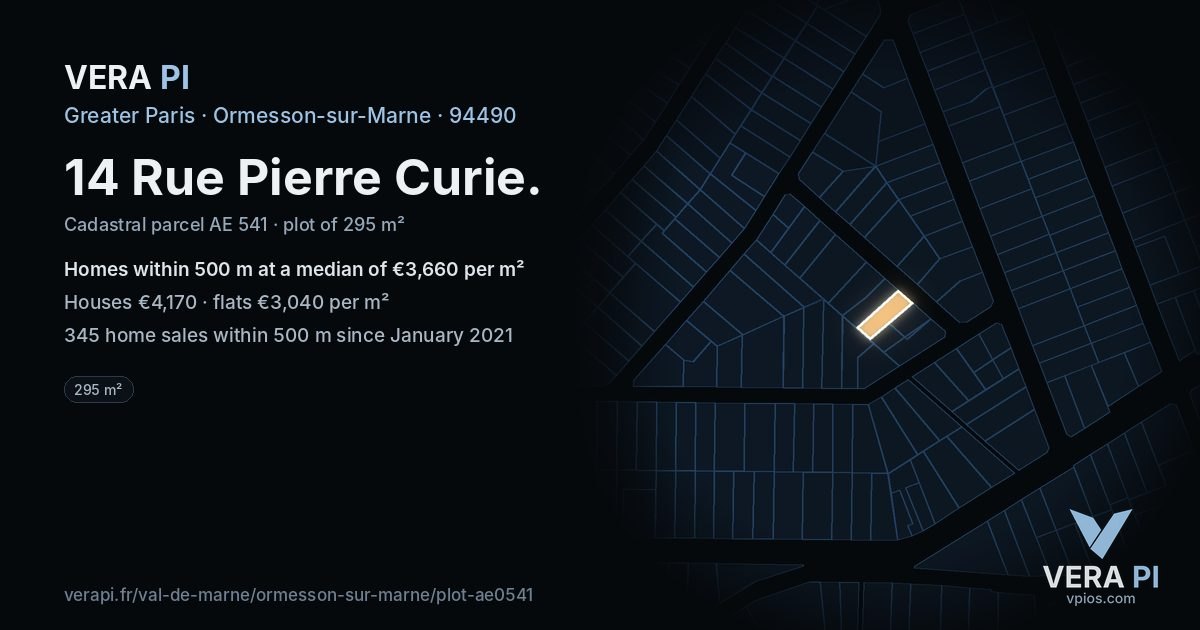 14 Rue Pierre Curie, Ormesson-sur-Marne at night – the plot lit, the parcels around coloured by the prices near them