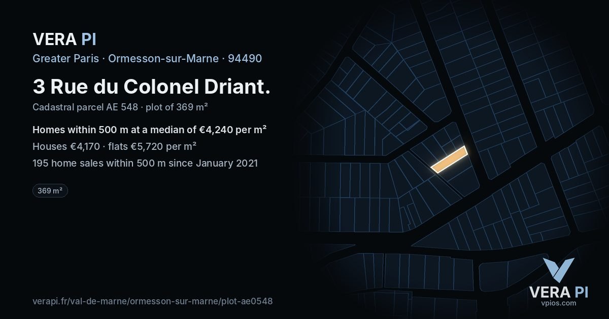 3 Rue du Colonel Driant, Ormesson-sur-Marne at night – the plot lit, the parcels around coloured by the prices near them