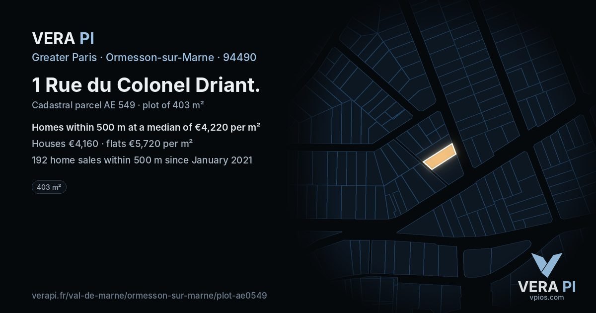 1 Rue du Colonel Driant, Ormesson-sur-Marne at night – the plot lit, the parcels around coloured by the prices near them