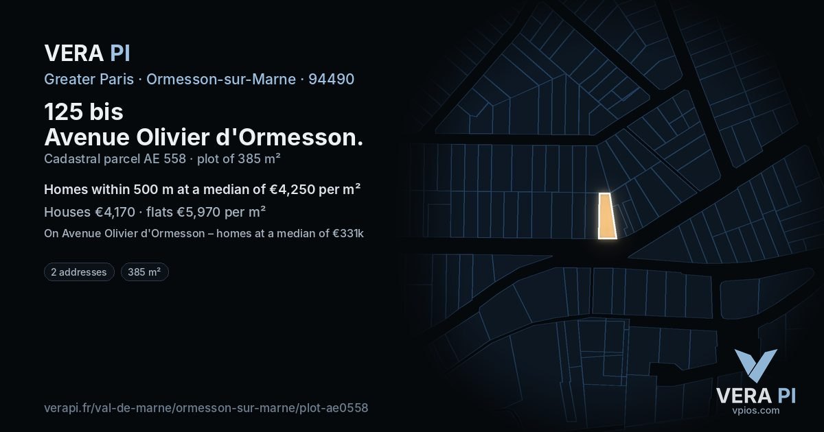 125 bis Avenue Olivier d'Ormesson, Ormesson-sur-Marne at night – the plot lit, the parcels around coloured by the prices near them