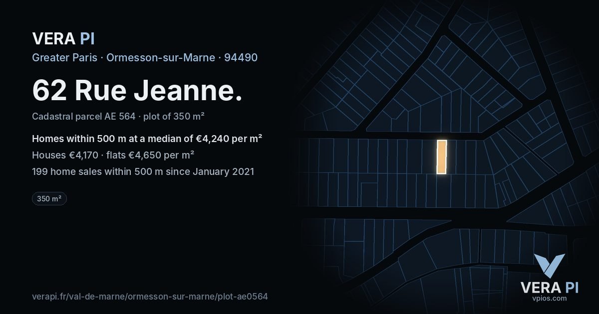 62 Rue Jeanne, Ormesson-sur-Marne at night – the plot lit, the parcels around coloured by the prices near them