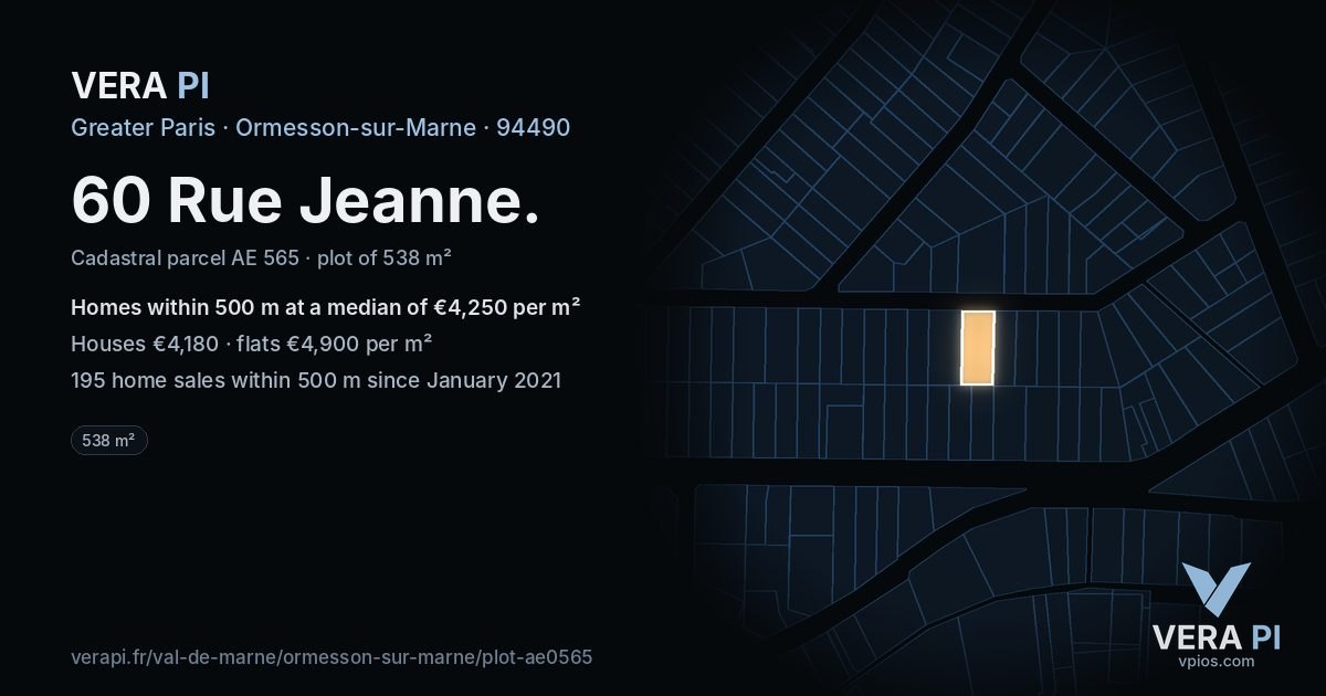 60 Rue Jeanne, Ormesson-sur-Marne at night – the plot lit, the parcels around coloured by the prices near them