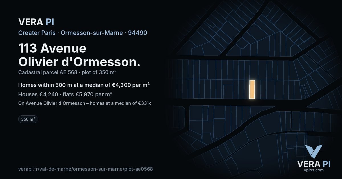 113 Avenue Olivier d'Ormesson, Ormesson-sur-Marne at night – the plot lit, the parcels around coloured by the prices near them