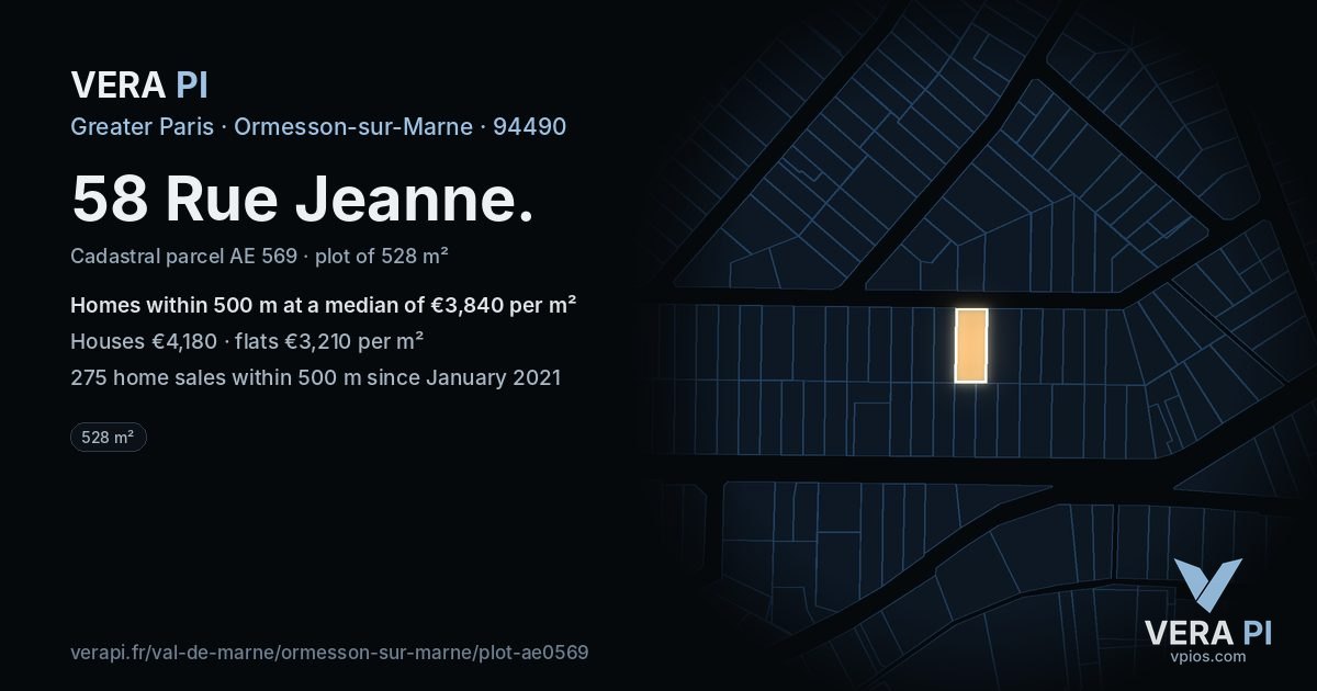58 Rue Jeanne, Ormesson-sur-Marne at night – the plot lit, the parcels around coloured by the prices near them