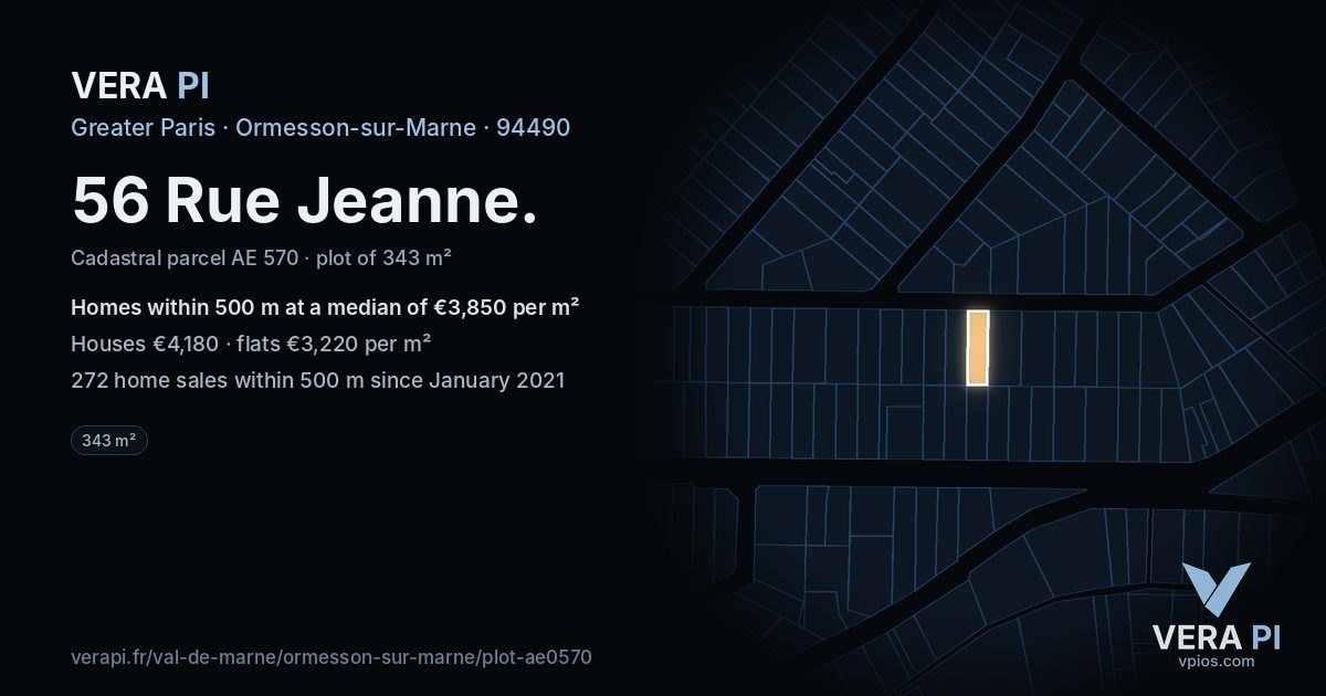 56 Rue Jeanne, Ormesson-sur-Marne at night – the plot lit, the parcels around coloured by the prices near them