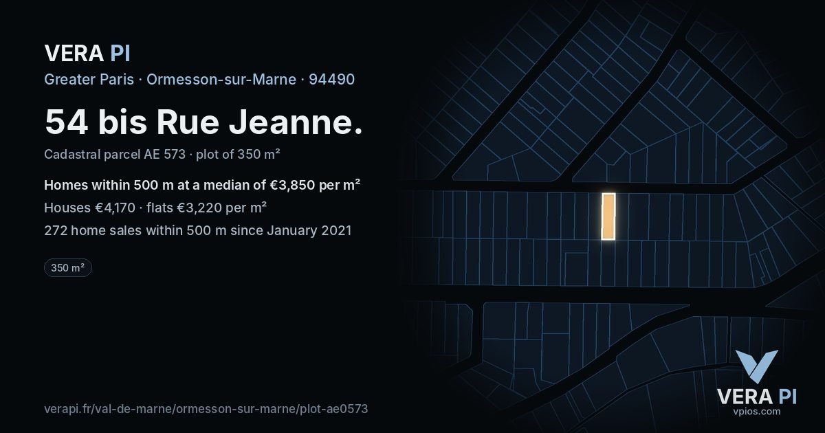 54 bis Rue Jeanne, Ormesson-sur-Marne at night – the plot lit, the parcels around coloured by the prices near them