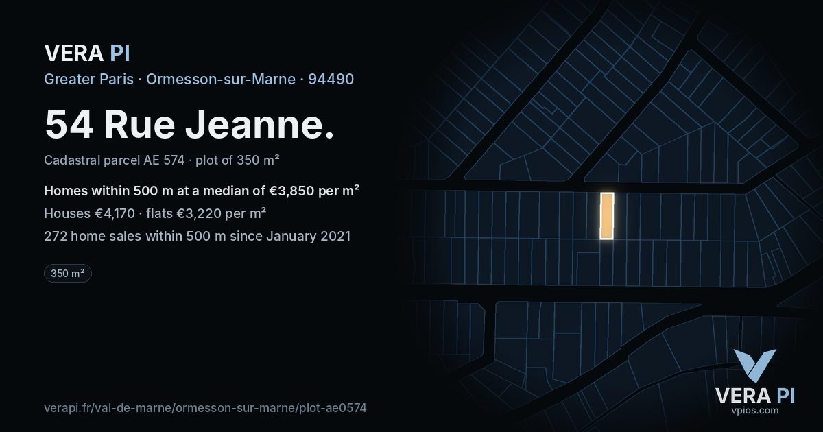 54 Rue Jeanne, Ormesson-sur-Marne at night – the plot lit, the parcels around coloured by the prices near them